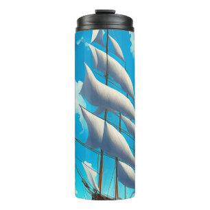 Big Sailboat, Blue Skies, weiße, flauschige Wolken Thermosbecher