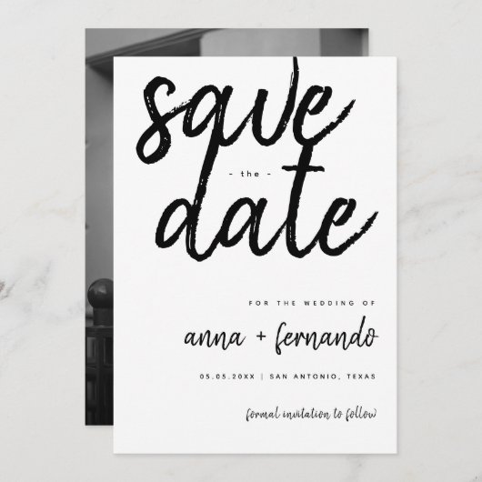 Big Script Schwarz und Weiß Hochzeit Speichern Sie Einladung (Vorne/Hinten)