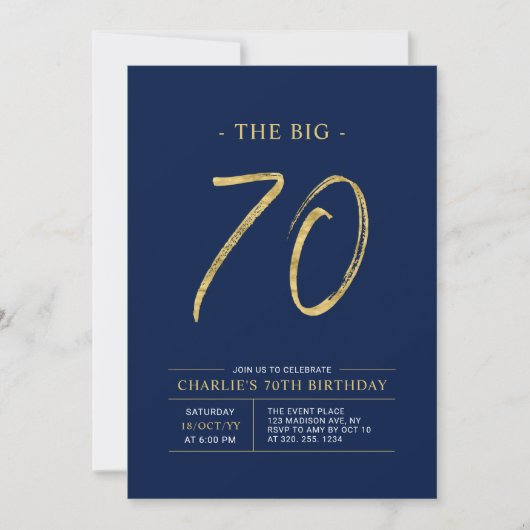 Big Seventy | Gold & Navy Blue 70th Birthday Party Einladung (Vorderseite)