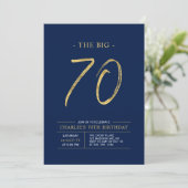 Big Seventy | Gold & Navy Blue 70th Birthday Party Einladung (Stehend Vorderseite)