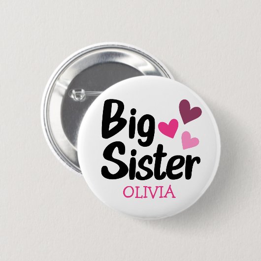 Big Sister Individuelle Name mit rosa Herzen Button (Vorne & Hinten)