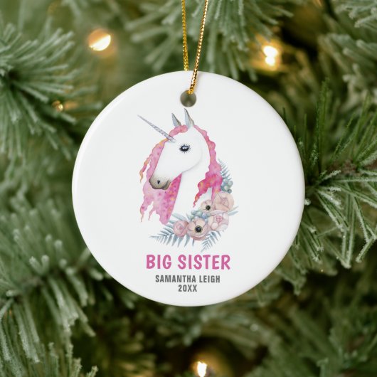 Big Sister Personalisiert Name Wasserfarbe Einhorn Keramik Ornament (Baum)