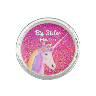 Big Sister Rainbow Unicorn Rosa Glitzer Monogramm Ring