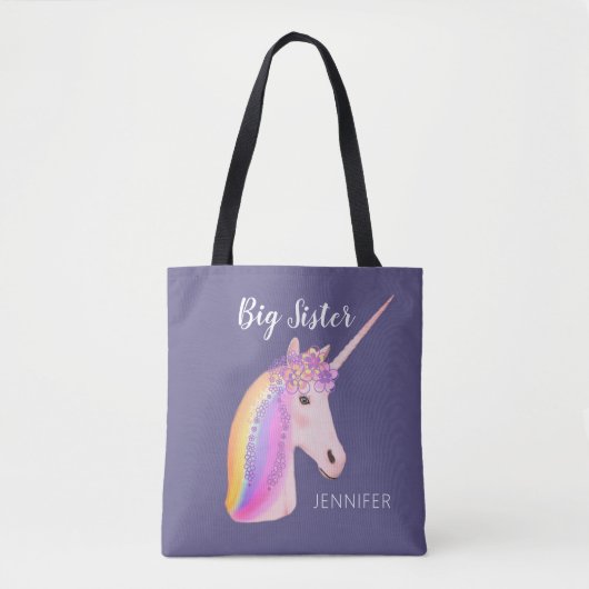 Big Sister Unicorn Regenbogen Lila Personalisiert Tasche (Vorderseite)
