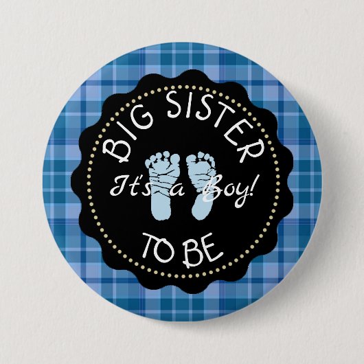 BIG SISTER zu Blue Kariert Baby Showknopf Button (Vorderseite)