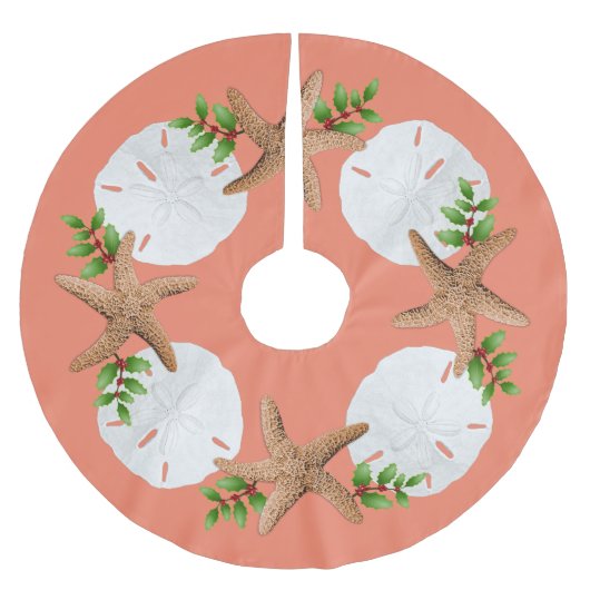 Big Starfish Sand Dollars Holly Blätter Baumrock Polyester Weihnachtsbaumdecke (Vorderseite)