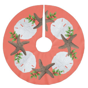 Big Starfish Sand Dollars Holly Blätter Coral Pink Polyester Weihnachtsbaumdecke