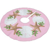 Big Starfish Sand Dollars Holly Blätter Pink Polyester Weihnachtsbaumdecke (Schrägansicht)