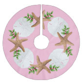 Big Starfish Sand Dollars Holly Blätter Pink Polyester Weihnachtsbaumdecke (Vorderseite)