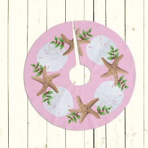 Big Starfish Sand Dollars Holly Blätter Pink Polyester Weihnachtsbaumdecke