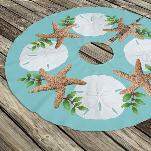 Big Starfish Sand Dollars Holly Blätter Polyester Weihnachtsbaumdecke