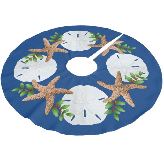Big Starfish Sand Dollars Holly Verlasse Navy Blue Polyester Weihnachtsbaumdecke (Schrägansicht)