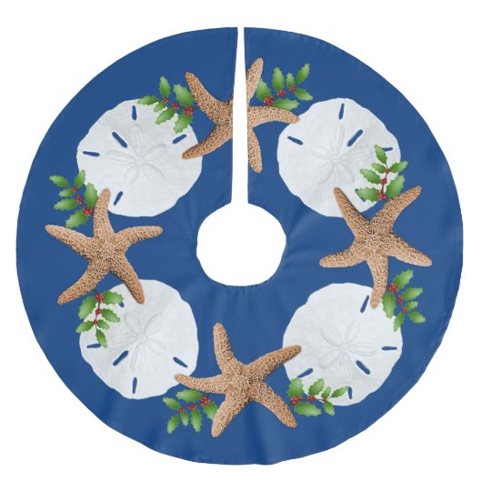 Big Starfish Sand Dollars Holly Verlasse Navy Blue Polyester Weihnachtsbaumdecke (Vorderseite)