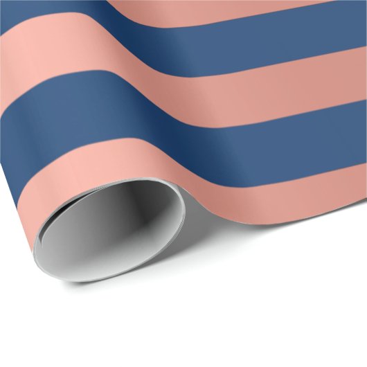 Big Stripes Lines Blue Navy Korallenpeach Rose Geschenkpapier (Rolleneckpunkt)