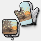 Big Sunset Hawaiian Strike Surfer - Aqua & Brown Ofenhandschuh & Topflappen-Set (Vorderseite/Rückseite)