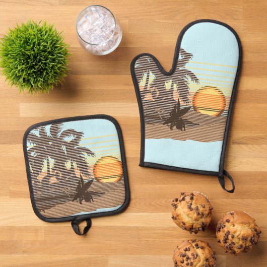 Big Sunset Hawaiian Strike Surfer - Aqua & Brown Ofenhandschuh & Topflappen-Set (Oben Unten)