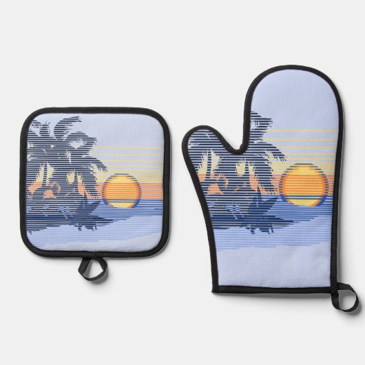 Big Sunset Hawaiian Strike Surfer - Blau & Orange Ofenhandschuh & Topflappen-Set (Vorderseite)
