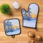 Big Sunset Hawaiian Strike Surfer - Blau & Orange Ofenhandschuh & Topflappen-Set (Oben Unten)