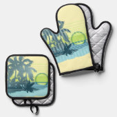 Big Sunset Hawaiian Strike Surfer - Gelb & Aquamar Ofenhandschuh & Topflappen-Set (Vorderseite/Rückseite)