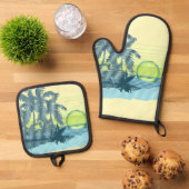 Big Sunset Hawaiian Strike Surfer - Gelb & Aquamar Ofenhandschuh & Topflappen-Set (Oben Unten)