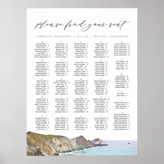 BIG SUR CALIFORNIA Skyline Hochzeitstabelle Poster (Vorne)