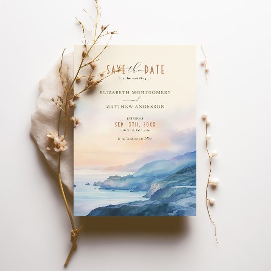 Big Sur California Sunset Wasserfarbe Save the Dat Einladung