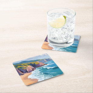 Big Sur, Kalifornien Aquarell-Ozean-Malerei Rechteckiger Pappuntersetzer