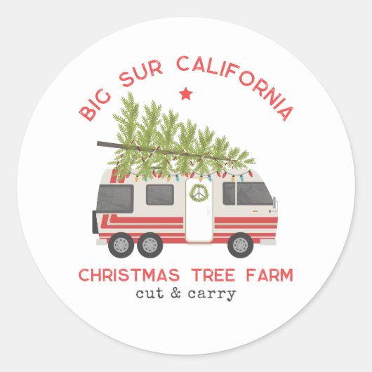 Big Sur Weihnachtsbaumfarm Vintag RV Camper Runder Aufkleber (Vorderseite)