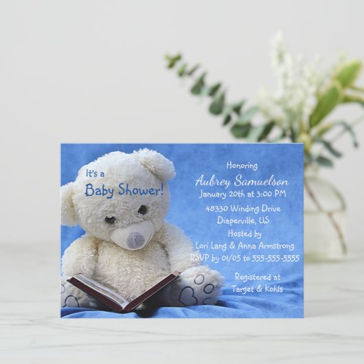 Big Teddy Bären Reads Bucht Boy Dusche Einladung (Stehend Vorderseite)