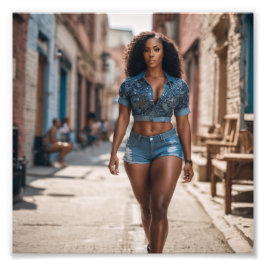 Big Thigs Black Girl in Extravagant Denim Walking Fotodruck