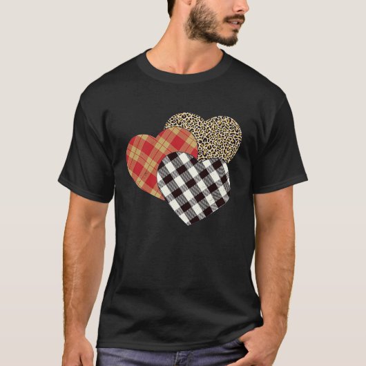 Big Three Hearts Leopard Buffalo Plaid  Valentine' T-Shirt (Vorderseite)