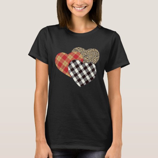 Big Three Hearts Leopard Buffalo Plaid Valentine' T-Shirt (Vorderseite)