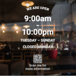 Big Time Moderne White Store Stunden mit QR-Code Fensteraufkleber