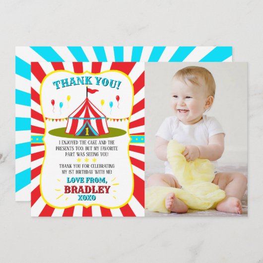 Big Top Circus Karneval 1. Geburtstag Foto Dankeskarte (Vorne/Hinten)