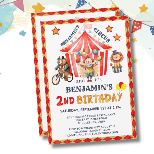 Big Top Circus Karneval Junge 2. Geburtstag  Einladung