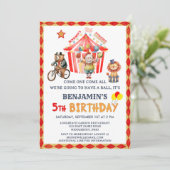 Big Top Circus Karneval Junge 5. Geburtstag Einladung (Stehend Vorderseite)