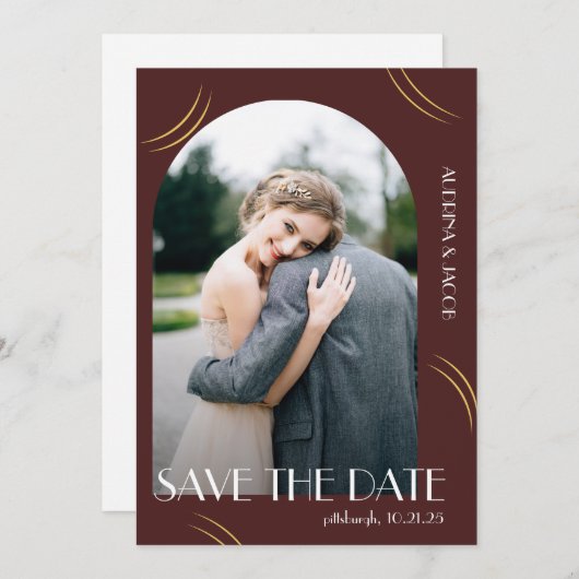 Big Typografy Burgundy Foto Wedding Save The Date (Vorne/Hinten)