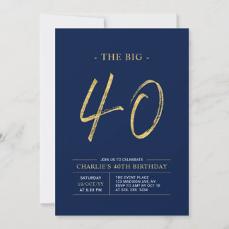 Big Vierty | Gold & Navy Blue 40. Geburtstags-Part Einladung