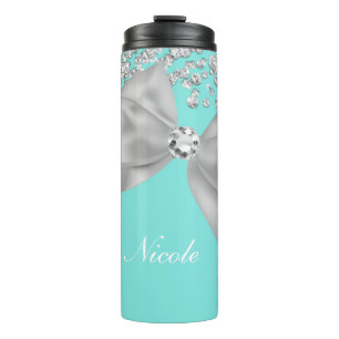 Big White Bow & Diamonds Blue Thermosbecher
