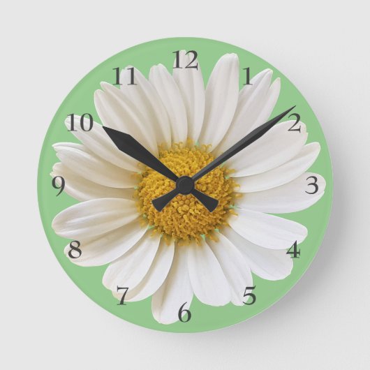 Big White Daisy auf Light Sage Green Runde Wanduhr (Vorderseite)