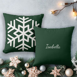 Big White Snowflake auf Forest Green Monogram Kissen