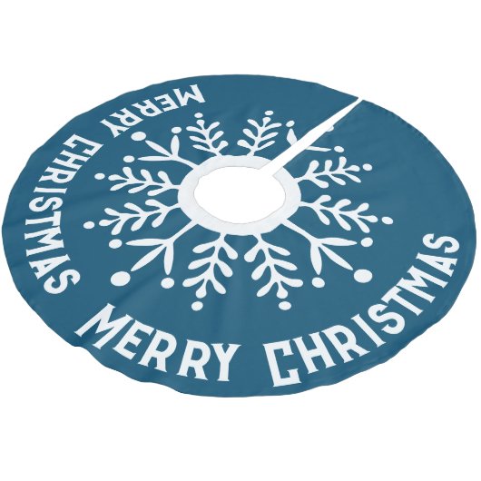 Big White Snowflake, Frohe Weihnachten Weiß auf Bl Polyester Weihnachtsbaumdecke (Schrägansicht)