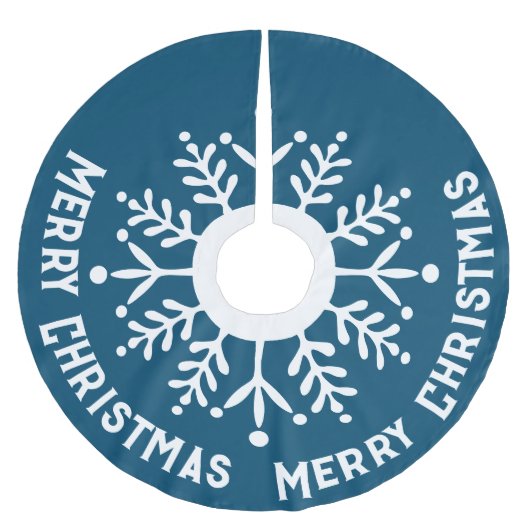 Big White Snowflake, Frohe Weihnachten Weiß auf Bl Polyester Weihnachtsbaumdecke (Vorderseite)