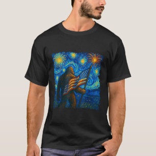 Bigfoot 4. Juli Starry Night Van Gogh Usa Flag T-Shirt