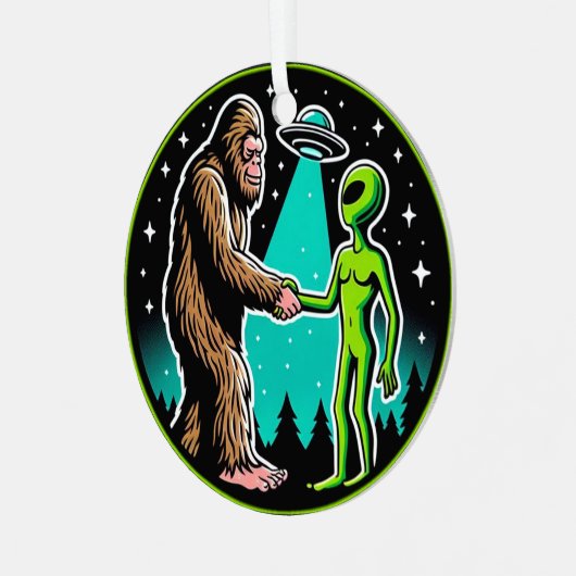 Bigfoot Alien Alliance - Funny Scifi Cryptid Ornament Aus Metall (Vorderseite links)
