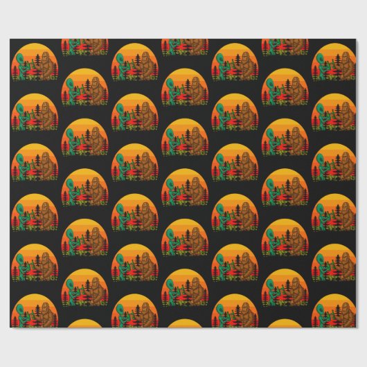 Bigfoot Alien Beer Time Sunset Forest Geschenkpapier (Flach)