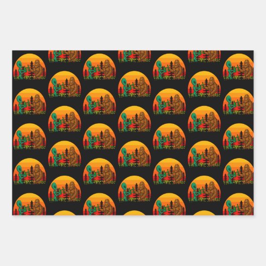 Bigfoot Alien Beer Time Sunset Forest Geschenkpapier Set (Vorderseite)