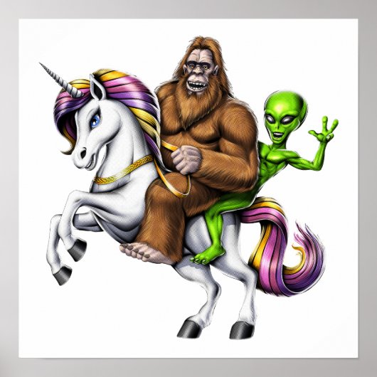 Bigfoot Alien Riding Unicorn Poster (Vorne)