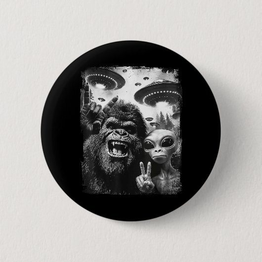 Bigfoot Alien Selfie Rock On Friedenszeichen Lusti Button (Vorderseite)
