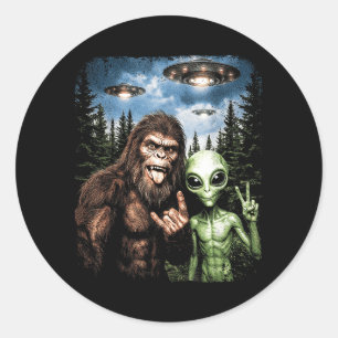 Bigfoot Alien Selfie Rock On Friedenszeichen Lusti Runder Aufkleber